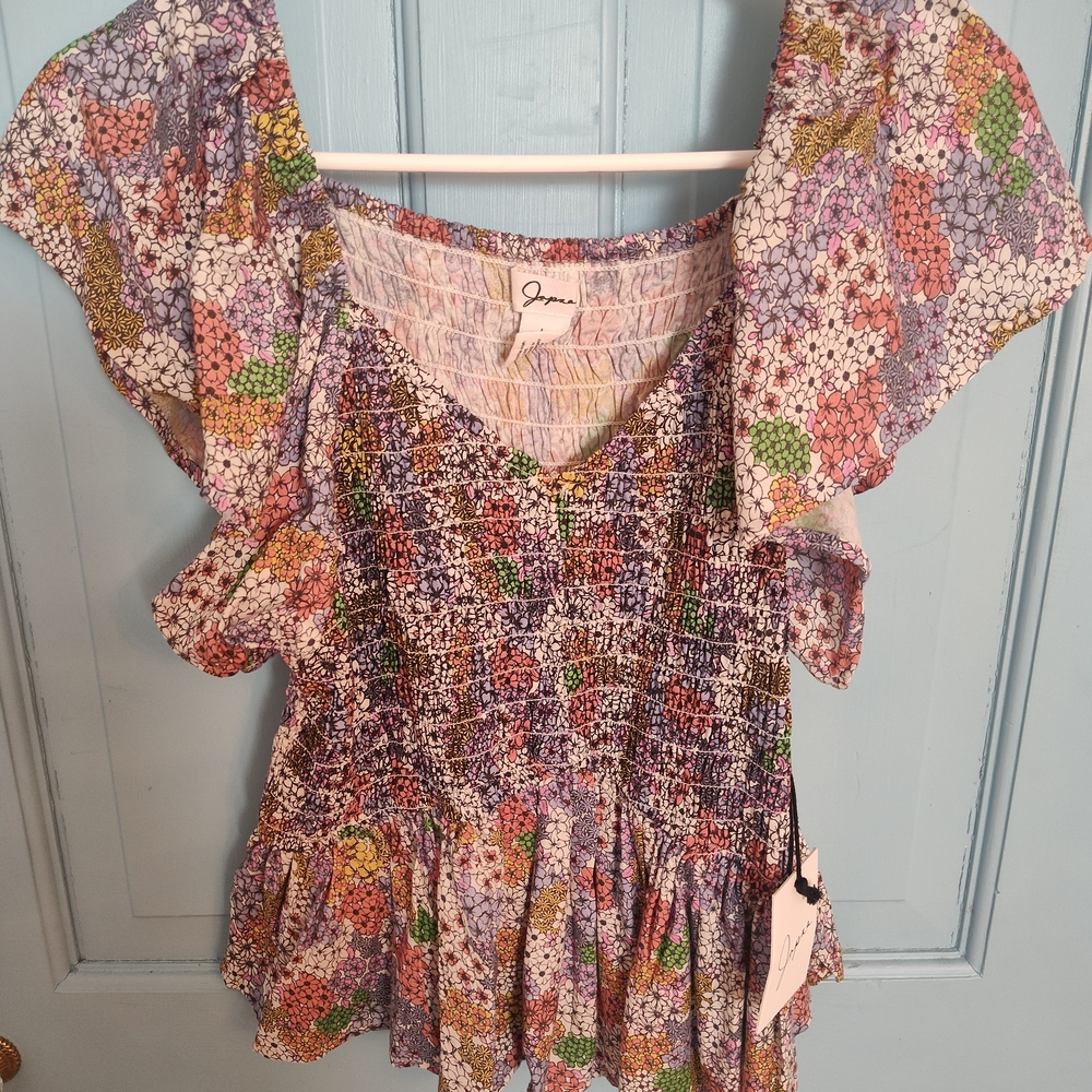 Japna Pink and Purple Peplum Blouse with Ruffled Cap Sleeves